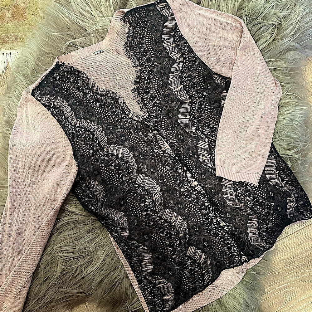 Chan Luu Rose Silk + Black Lace Cardigan
